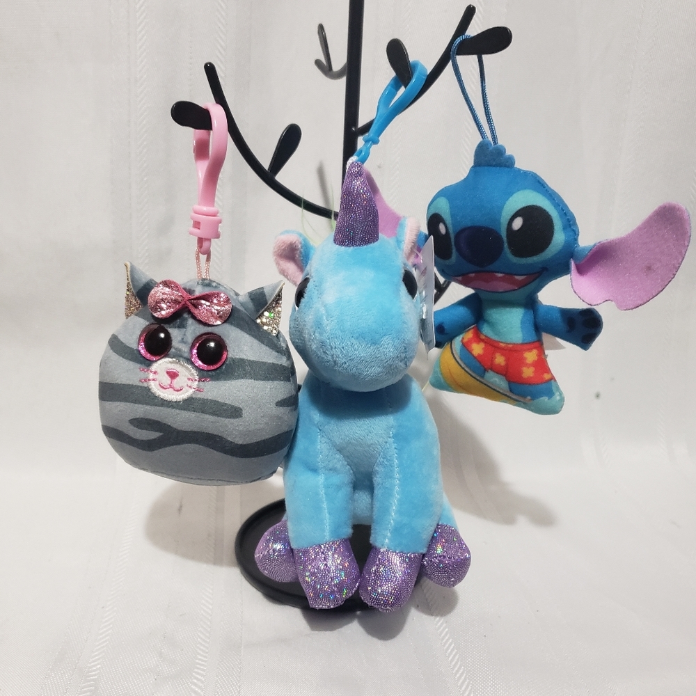 3 key chain Ty kitten, Mini Unicorn & Stitch
